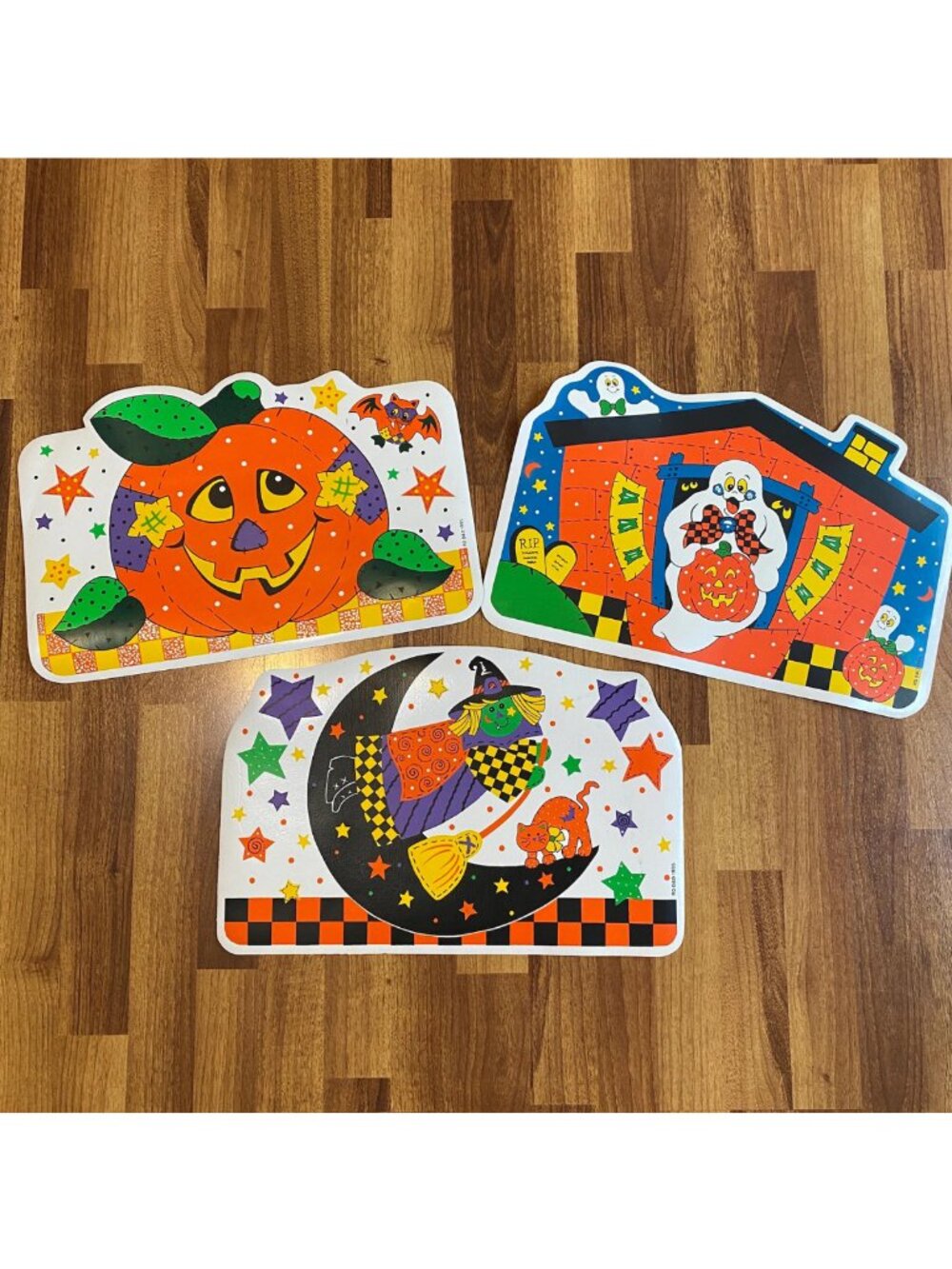 Vintage Halloween Vinyl Placemats JOL Witch Ghost 90s